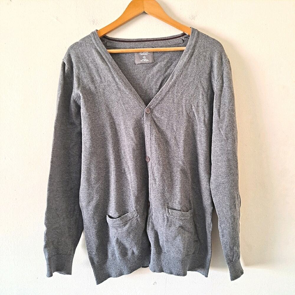 Springfield Men's Gray Cotton V-Neck Gray Button Down Long Sleeve Cardigan - M